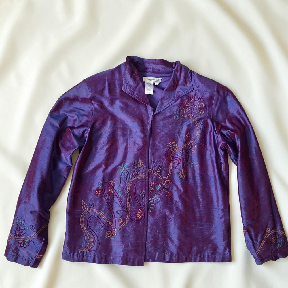 100% Raw Silk Iridescent Purple Embroidered Jacket Blazer Size S Coldwater Creek - Picture 3 of 9